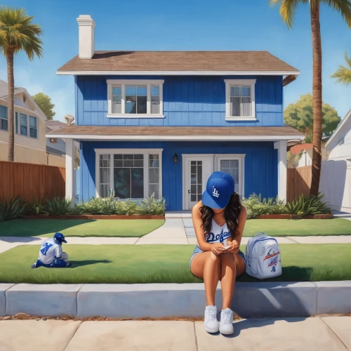 dodgers,dodger dog,house painting,majorelle blue,blue painting,left house,girl sitting,real-estate,album cover,suburbs,homes,baseball player,lonely house,woman house,girl with dog,blue balloons,homeownership,dollhouse,dog house,blue pillow,Conceptual Art,Fantasy,Fantasy 03