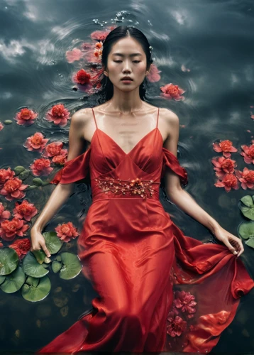 red water lily,water lotus,water rose,red petals,red rose,red flower,man in red dress,red roses,way of the roses,conceptual photography,with roses,lady in red,photo manipulation,water lily,mulan,red gown,fallen petals,water flower,lotus blossom,vietnamese woman,Photography,Fashion Photography,Fashion Photography 07