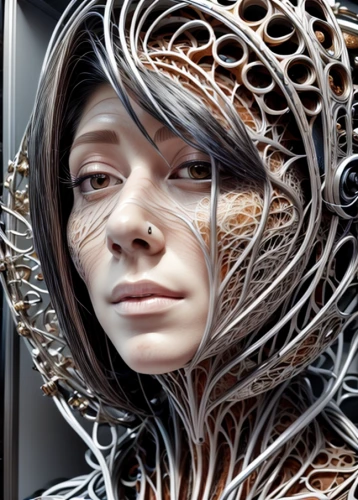 bjork,artificial hair integrations,girl in a wreath,biomechanical,image manipulation,virtual identity,veil,facets,cocoon,woman sculpture,fractals art,woman thinking,cybernetics,wire sculpture,photo manipulation,complexity,parabolic mirror,photomanipulation,queen cage,cyborg