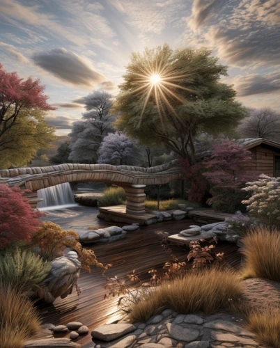 fantasy landscape,japanese garden,landscape background,japan landscape,scenic bridge,river landscape,autumn landscape,wooden bridge,world digital painting,fall landscape,japanese garden ornament,rainbow bridge,autumn scenery,home landscape,dragon bridge,virtual landscape,nature landscape,hangman's bridge,japan garden,tied-arch bridge