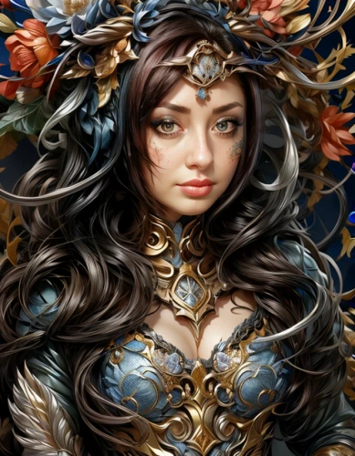 fantasy portrait,fantasy art,fantasy woman,golden wreath,zodiac sign libra,the enchantress,elven flower,celtic queen,artemisia,heroic fantasy,wreath of flowers,laurel wreath,girl in a wreath,dryad,blue enchantress,sorceress,faery,fairy queen,filigree,fantasy picture