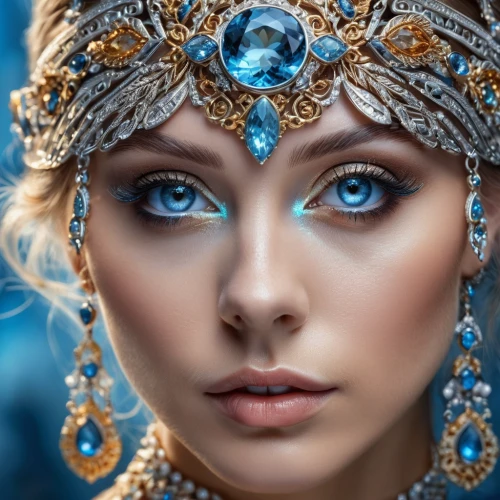 blue enchantress,mystical portrait of a girl,blue eyes,headdress,fantasy portrait,fantasy art,bridal accessory,jeweled,adornments,the blue eye,regard,diadem,women's eyes,beauty face skin,bridal jewelry,priestess,cleopatra,beautiful bonnet,silvery blue,headpiece,Photography,General,Natural