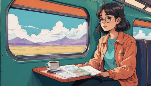 train ride,the girl at the station,train compartment,travel woman,early train,last train,railway carriage,train,long-distance train,darjeeling,train way,commuting,train seats,lupin,frame illustration,trains,girl studying,traveling,commuter,london underground,Illustration,Japanese style,Japanese Style 06