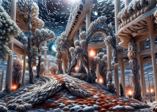 mushroom landscape,mandelbulb,fractal environment,tree grove,winter forest,fantasy landscape,forest of dreams,elven forest,enchanted forest,3d fantasy,fairy forest,spruce forest,cartoon forest,forest glade,deciduous forest,fractals art,virtual landscape,trees with stitching,forest landscape,chestnut forest