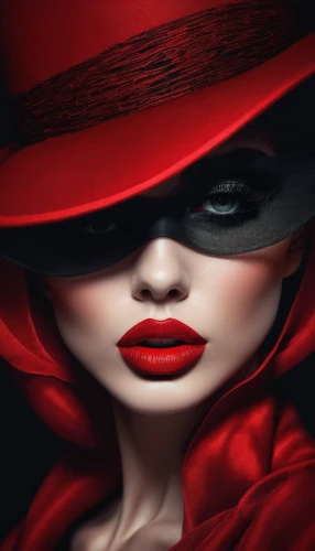 red hat,red coat,lady in red,black hat,rouge,the hat of the woman,the carnival of venice,masquerade,the hat-female,shades of red,red riding hood,red lips,lollo rosso,blindfold,red lipstick,fashion illustration,red cap,queen of hearts,femme fatale,hatter,Photography,Artistic Photography,Artistic Photography 05