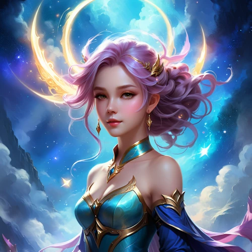 zodiac sign libra,fantasy portrait,aurora,libra,show off aurora,elza,lux,zodiac sign gemini,luna,fae,cg artwork,fantasia,eufiliya,medusa,mezzelune,zodiac sign leo,constellation unicorn,portrait background,violet head elf,fantasy art,Illustration,Realistic Fantasy,Realistic Fantasy 01