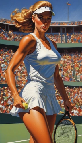 woman playing tennis,tennis player,tennis,sports girl,tennis skirt,frontenis,tennis equipment,tennis lesson,soft tennis,racquet sport,tennis racket,tennis coach,racquet,oil painting on canvas,tennis court,oil painting,racket,sports,tennis shoe,tennis racket accessory,Illustration,American Style,American Style 07