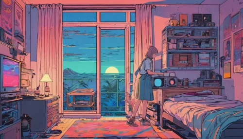 bedroom,room,blue room,sleeping room,one room,the little girl's room,bedroom window,abandoned room,rooms,cold room,playing room,aesthetic,studio ghibli,apartment,hideaway,an apartment,empty room,dusk,one-room,modern room,Illustration,Japanese style,Japanese Style 06