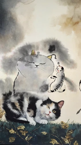 chinese pastoral cat,vintage cats,amano,cumulus,calico cat,rain cats and dogs,joseph turner,cat sparrow,dali,two cats,japanese art,oriental painting,chinese art,zao,cat family,cattles,white cat,aegean cat,birds of the sea,luo han guo
