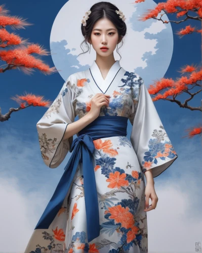 geisha girl,geisha,japanese art,oriental painting,japanese woman,oriental princess,oriental girl,plum blossoms,japanese floral background,hanbok,japanese culture,mukimono,floral japanese,japanese style,chinese art,plum blossom,kimono,oriental,japanese background,kimono fabric,Illustration,Realistic Fantasy,Realistic Fantasy 07