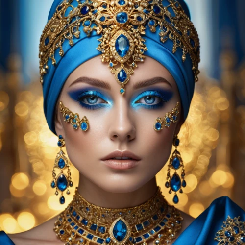 cleopatra,blue enchantress,gold jewelry,orientalism,jasmine blue,teal blue asia,adornments,oriental princess,dark blue and gold,jeweled,venetian mask,priestess,the carnival of venice,headdress,gold ornaments,bridal jewelry,bridal accessory,arabian,diadem,headpiece,Photography,General,Natural