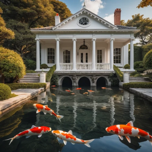 koi pond,mansion,henry g marquand house,school of fish,lilly pond,koi fish,fish pond,flock house,fish in water,luxury real estate,water palace,fishes,luxury property,house of the sea,new england style house,luxury home,koi carps,dillington house,goldfish,pool house,Photography,General,Natural