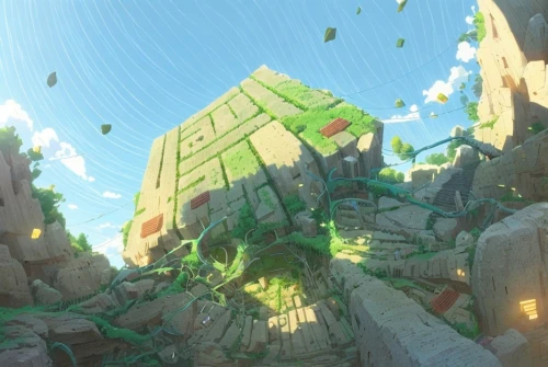 meteora,ruins,ancient city,bastion,ruin,megalith,panoramical,background ivy,ravine,monolith,rubble,karnak,blocks,futuristic landscape,cubes,mountain settlement,take-off of a cliff,terraforming,flying seeds,cubic,Common,Common,Japanese Manga