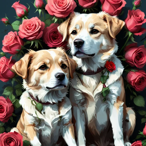 dog roses,dog-roses,canine rose,corgis,red roses,roses daisies,noble roses,rosebuds,rosebushes,rose roses,romantic portrait,roses,bouquet of roses,two dogs,rose buds,sugar roses,old country roses,color dogs,sweethearts,with roses,Conceptual Art,Fantasy,Fantasy 02