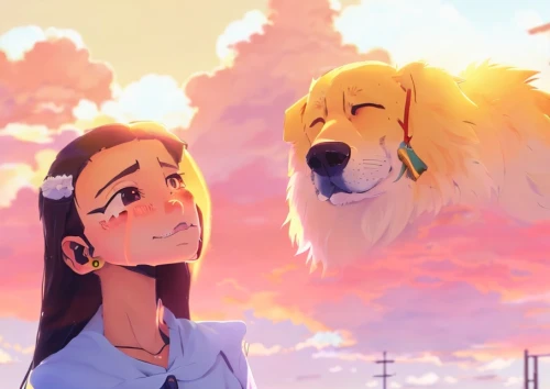 companion dog,hiyayakko,long-haired hihuahua,girl with dog,petting,dog and cat,sky,torekba,summer sky,studio ghibli,two dogs,would a background,color dogs,canine,pet,dog frame,a beautiful day,dog siblings,pets,dog illustration,Common,Common,Japanese Manga