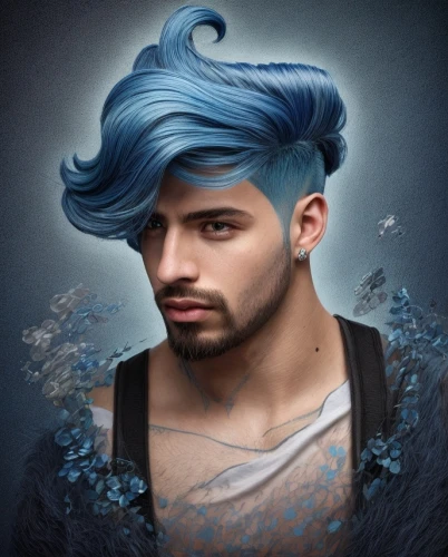 fantasy portrait,aquarius,poseidon god face,blue hair,male elf,zodiac sign libra,silvery blue,horoscope libra,poseidon,merman,fairy tale character,zodiac sign gemini,blue snowflake,the zodiac sign pisces,feathered hair,edit icon,mohawk hairstyle,hair gel,zodiac sign leo,blue enchantress,Common,Common,Natural