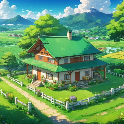 home landscape,studio ghibli,little house,lonely house,landscape background,countryside,roof landscape,grass roof,small house,farm background,farm house,summer cottage,country house,green meadow,country side,rural landscape,beautiful home,violet evergarden,green landscape,farmhouse,Illustration,Japanese style,Japanese Style 03