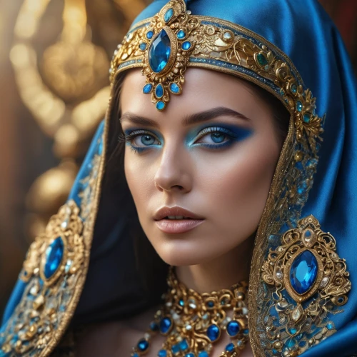cleopatra,priestess,ancient egyptian girl,blue enchantress,gold jewelry,ancient costume,jewellery,jewelry,bridal jewelry,arabian,adornments,mystical portrait of a girl,headdress,beauty face skin,gift of jewelry,warrior woman,dark blue and gold,ukrainian,egyptian,diadem,Photography,General,Natural