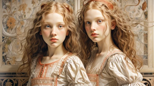 mirror image,joint dolls,porcelain dolls,two girls,the three graces,doll looking in mirror,gothic portrait,young women,botticelli,mirrored,mirror reflection,mirrors,art nouveau frames,little girls,children girls,orsay,the mirror,doll's house,looking glass,portrait of a girl