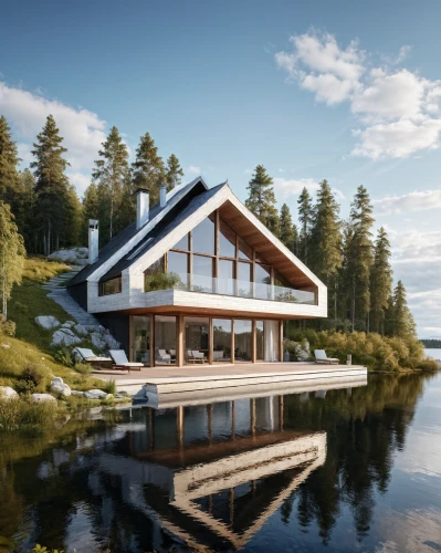 house with lake,house by the water,floating huts,inverted cottage,3d rendering,boat house,summer cottage,timber house,the cabin in the mountains,boathouse,summer house,wooden house,render,house in the mountains,house in mountains,houseboat,eco-construction,log home,dunes house,mid century house