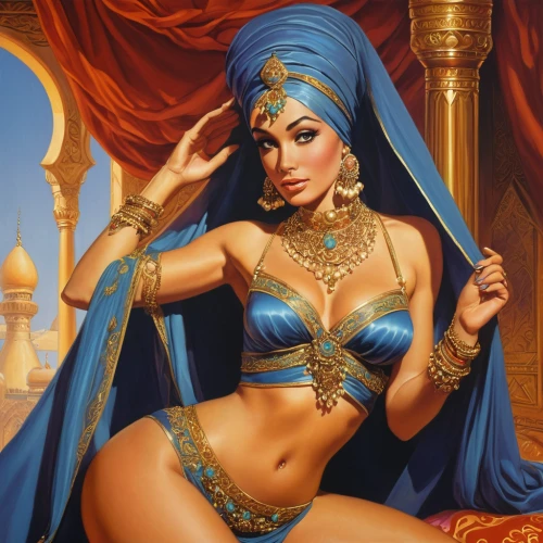 orientalism,arabian,cleopatra,rem in arabian nights,belly dance,oriental princess,persian,fantasy art,indian art,ancient egyptian girl,radha,aladha,tantra,jaya,indian woman,priestess,lily of the nile,islamic girl,aladin,indian girl,Illustration,American Style,American Style 07