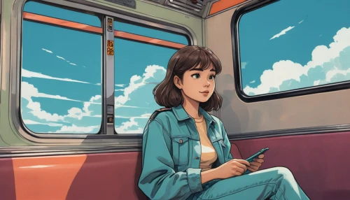 the girl at the station,train ride,woman holding a smartphone,sci fiction illustration,travel woman,digital painting,in transit,world digital painting,woman sitting,girl sitting,commuting,digital illustration,girl in a long,girl with speech bubble,train of thought,sky train,train,girl studying,transit,skytrain,Illustration,Japanese style,Japanese Style 07