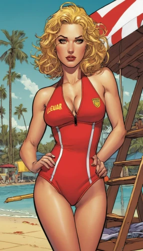 lifeguard,one-piece swimsuit,life guard,captain marvel,swimsuit,red super hero,red robin,swimsuit bottom,wetsuit,canary,beach background,valentine day's pin up,valentine pin up,female swimmer,super heroine,maillot,swimwear,swim suit,bathing suit,ronda,Illustration,American Style,American Style 08