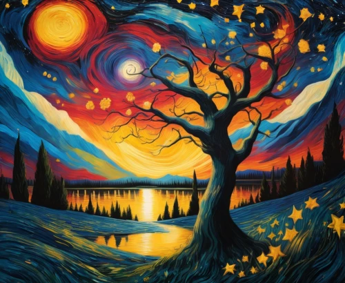 colorful tree of life,starry night,art painting,night scene,oil painting on canvas,tangerine tree,hanging moon,indigenous painting,moon and star background,painted tree,orange tree,magic tree,glass painting,autumn landscape,celtic tree,autumn tree,tree of life,fall landscape,moonlit night,moonrise