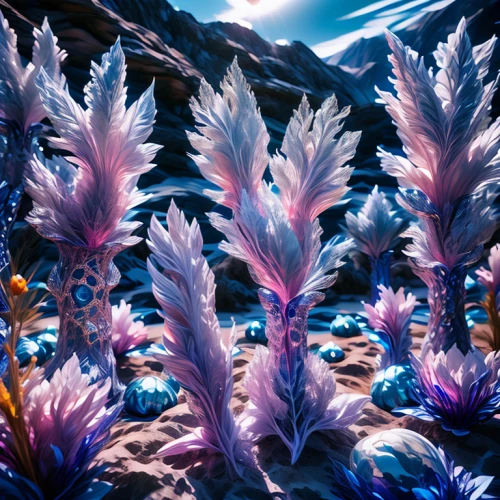 flowerful desert,ice planet,moonlight cactus,alien world,antarctic flora,night-blooming cactus,ice flowers,desert plants,desert flower,alien planet,sea of flowers,cosmic flower,coral reef,fairy galaxy,ice landscape,desert coral,tropical bloom,desert plant,crystalline,crystals