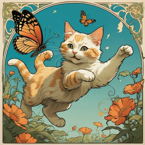 chasing butterflies,tea party cat,butterfly clip art,flower cat,leap for joy,whimsical animals,butterfly vector,game illustration,oktoberfest cats,red tabby,cat vector,capricorn kitz,cat sparrow,cat frame,frame border illustration,art nouveau,felidae,vintage cat,cupido (butterfly),scrapbook clip art,Illustration,Retro,Retro 03