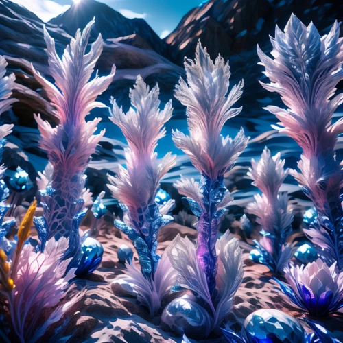 ice planet,ice flowers,antarctic flora,flowerful desert,moonlight cactus,desert plants,crystalline,alien world,ice plant,ice crystals,fractal environment,night-blooming cactus,blue caves,coral reef,crystals,tropical bloom,desert plant,ice landscape,alien planet,ice plant family