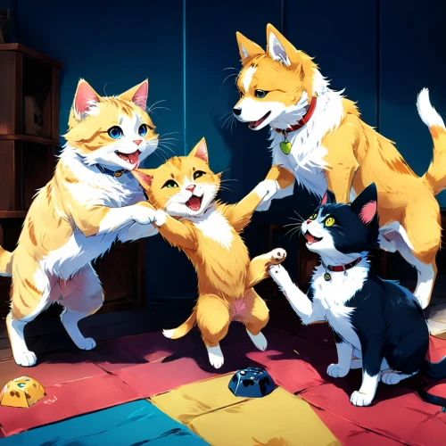 cat family,daycare,corgis,dog cafe,cat's cafe,playing puppies,cats playing,happy family,color dogs,family dog,playing dogs,dog siblings,pets,a family harmony,families,family portrait,huskies,playing room,spayed,dog school,Illustration,Japanese style,Japanese Style 03