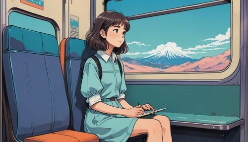 train ride,the girl at the station,studio ghibli,train,commuter,last train,commute,early train,sky train,travel woman,commuting,train way,traveler,girl sitting,in transit,skytrain,korea subway,traveling,transit,travel poster,Illustration,Japanese style,Japanese Style 06