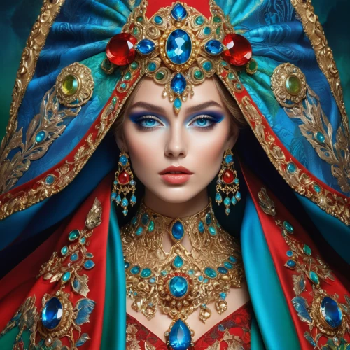 priestess,fantasy art,orientalism,oriental princess,russian doll,headdress,russian folk style,fantasy portrait,miss circassian,cleopatra,suit of the snow maiden,mystical portrait of a girl,the prophet mary,inner mongolian beauty,blue enchantress,adornments,shamanic,sorceress,fantasy woman,ancient costume,Photography,Fashion Photography,Fashion Photography 04