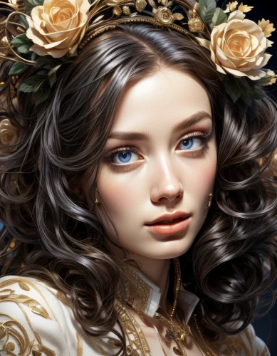 fantasy portrait,laurel wreath,gold filigree,jessamine,the carnival of venice,romantic portrait,golden lilac,mystical portrait of a girl,filigree,victorian lady,white rose snow queen,golden wreath,golden crown,baroque angel,natural cosmetic,bridal accessory,faery,gold foil crown,lace wig,gold flower