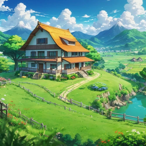studio ghibli,house in the mountains,house in mountains,home landscape,country estate,countryside,idyllic,farm background,country house,alpine village,landscape background,country side,farm house,little house,summer cottage,mountain village,mountain valley,rural landscape,beautiful home,farm landscape,Illustration,Japanese style,Japanese Style 03