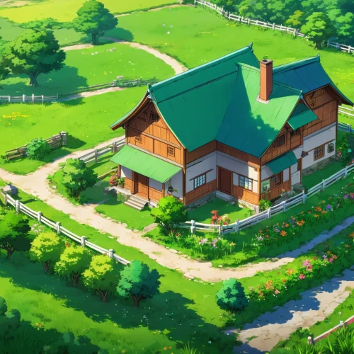 studio ghibli,house in the mountains,country estate,house in mountains,country house,farm house,farmhouse,beautiful home,little house,small house,farmstead,home landscape,red barn,clover meadow,house in the forest,country cottage,grass roof,summer cottage,countryside,country side,Illustration,Japanese style,Japanese Style 03