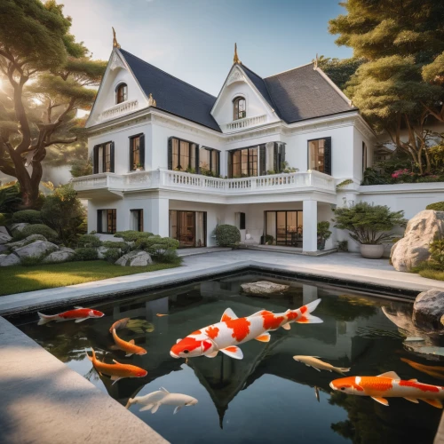 koi pond,koi fish,luxury home,house by the water,koi,beautiful home,house with lake,luxury property,fish pond,bendemeer estates,3d rendering,garden pond,new england style house,mansion,goldfish,koi carp,lily pond,japanese garden ornament,pool house,luxury real estate,Photography,General,Natural