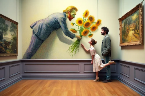 sunflowers in vase,surrealism,flower art,conceptual photography,admired,popular art,pollinate,photomanipulation,the illusion,floral greeting,art gallery,photo manipulation,art painting,flower painting,father with child,holding flowers,photoshop manipulation,big picture,photoshop creativity,flower arranging