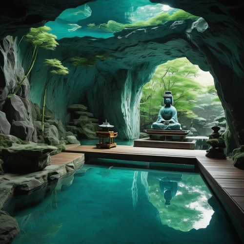 cave on the water,underwater oasis,blue cave,spiritual environment,wishing well,sacred lotus,zen garden,underwater landscape,teal blue asia,water lotus,sea cave,underground lake,aquarium decor,underwater playground,stone lotus,thailand,calm water,meditate,tranquility,cenote,Photography,Documentary Photography,Documentary Photography 14