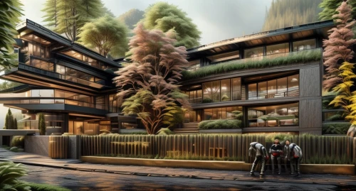 eco hotel,eco-construction,house in the forest,tree house hotel,ryokan,concept art,japanese architecture,solar cell base,cube stilt houses,timber house,stilt houses,futuristic architecture,tree house,3d rendering,development concept,house in mountains,house in the mountains,residential,apartment complex,shared apartment