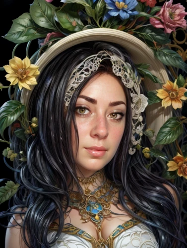 fantasy portrait,elven flower,fantasy art,beautiful girl with flowers,girl in flowers,mystical portrait of a girl,vanessa (butterfly),girl in a wreath,fantasy picture,flora,portrait background,wreath of flowers,fantasy woman,flower hat,flower crown,floral wreath,romantic portrait,faerie,beautiful bonnet,boho art