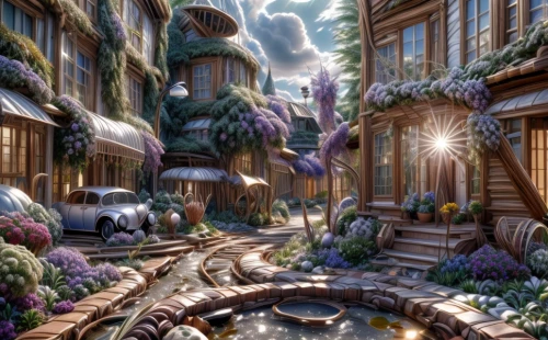 aurora village,fantasy picture,fairy village,fantasy city,world digital painting,fantasy landscape,3d fantasy,escher village,fantasy art,alpine village,fantasy world,fairy world,resort town,knight village,wonderland,myst,houses clipart,home landscape,virtual landscape,wooden houses