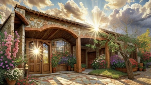 garden door,the threshold of the house,dandelion hall,cottage garden,home landscape,fairy tale castle,fantasy picture,courtyard,beautiful home,front door,wooden door,flower booth,traditional house,garden elevation,country cottage,country house,3d fantasy,hacienda,secret garden of venus,fairy door