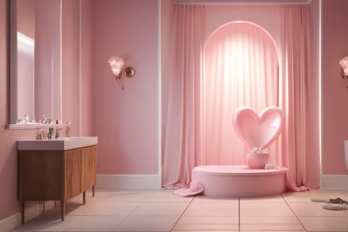 beauty room,valentine's day décor,luxury bathroom,the little girl's room,bathroom,heart pink,pink chair,hearts color pink,the girl in the bathtub,bathtub,washroom,restroom,clove pink,interior design,3d render,danish room,pink paper,baby room,feminine hygiene,natural pink