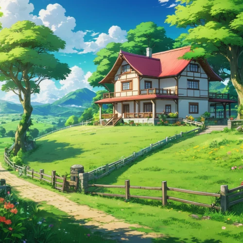 home landscape,studio ghibli,country house,little house,lonely house,country estate,country cottage,beautiful home,summer cottage,farm house,house in the mountains,house in mountains,house in the forest,countryside,small house,violet evergarden,landscape background,country side,farmhouse,cottage,Illustration,Japanese style,Japanese Style 03