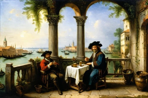 venetian,bellini,italian painter,venetian lagoon,gondolier,the carnival of venice,bombardino,portuguese galley,sicilian cuisine,villa balbianello,venezia,musicians,venetian hotel,figaro,landscape with sea,young couple,drinking establishment,merchant,romantic scene,gastronomy,Art,Classical Oil Painting,Classical Oil Painting 16