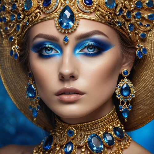 blue enchantress,cleopatra,cobalt blue,priestess,jasmine blue,venetian mask,headdress,dark blue and gold,blue peacock,gold jewelry,sapphire,the blue eye,beauty face skin,majorelle blue,mazarine blue,golden mask,blue eyes,fantasy art,royal blue,ancient egyptian girl,Photography,General,Natural