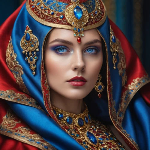 cleopatra,priestess,miss circassian,blue enchantress,crowned,the prophet mary,fantasy art,fantasy portrait,oriental princess,beauty face skin,imperial crown,ancient costume,inner mongolian beauty,eurasian,headdress,queen crown,headpiece,russian folk style,fantasy woman,royal blue,Photography,General,Natural