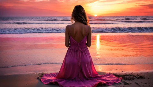 girl in a long dress from the back,pink beach,pink dawn,girl in a long dress,mermaid silhouette,woman silhouette,girl on the dune,evening dress,tramonto,beautiful beach,dusky pink,deep pink,splendid colors,longing,afterglow,robe,sunset glow,long dress,dream beach,beautiful beaches,Photography,General,Natural